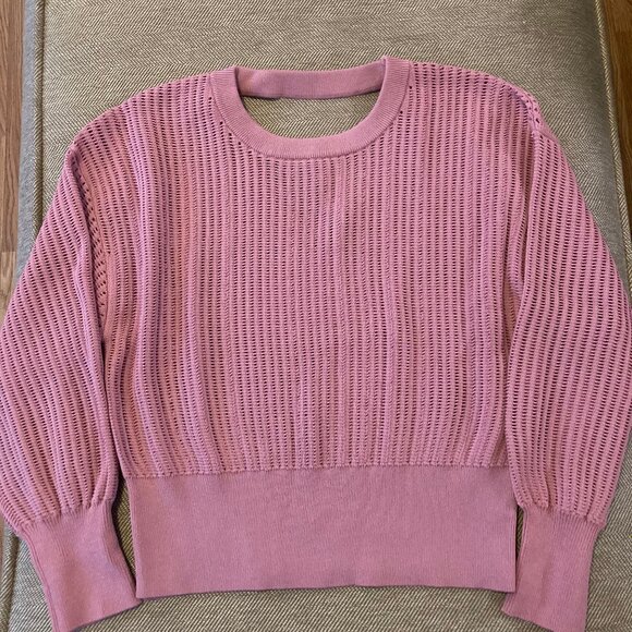 Express Crewneck Pointelle Sweater Back Cut-Out Balloon Sleeve Mauve Pink Medium - Picture 2 of 7